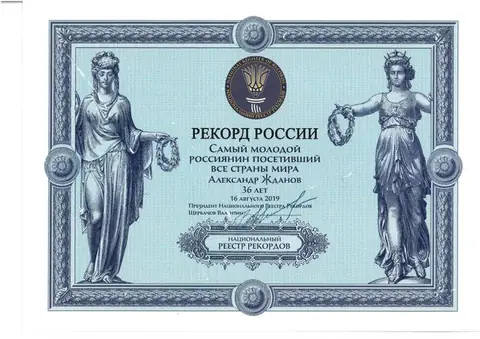 Диплом «Рекорд России»: самый молодой россиянин, посетивший все страны мира